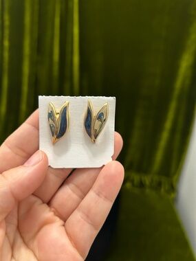 Vintage Gold-Tone Blue Leaf Enamel Tulip Shaped Stud Earrings